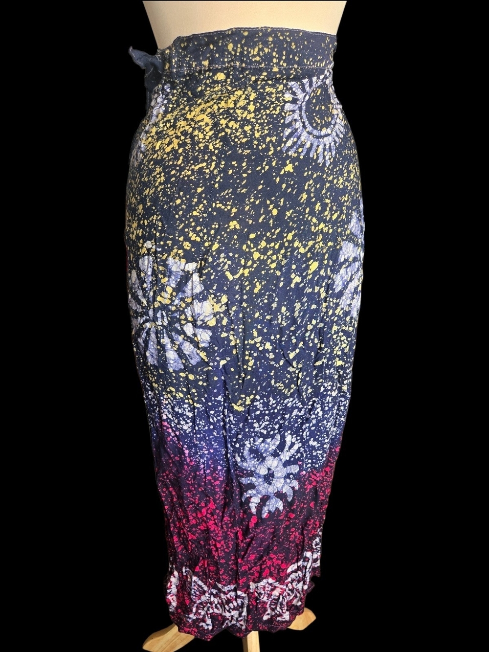 Boho Tie-Dye Wrap Maxi Skirt in Navy, Yellow & Magenta Sz M/L